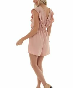 Ces Femme Dusty Peach Smocked Side Ruffle Woven Romper Dresses