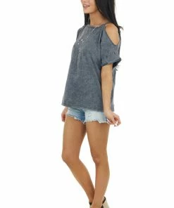 Mustard Seed Tops Graphite Mineral Washed Short Sleeve Cold Shoulder Knit Tee