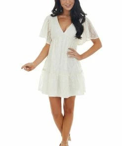 Flying Tomato Cream Lace Mini Babydoll Dress With Open Back