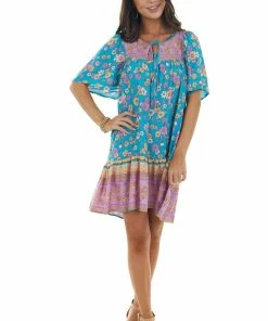 Umgee Dresses Teal Floral Print Short Dress With Front Tie