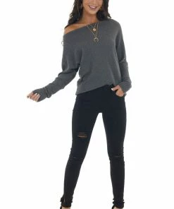 First Love Graphite Waffle Knit Boat Neck Long Cuff Top