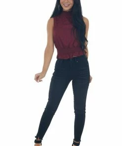 She + Sky Tops Wine Jacquard Sleeveless Mock Neck Peplum Top