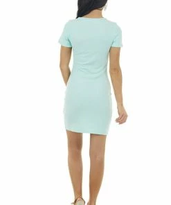 Peach Love Aqua Blue Bodycon Ribbed Knit Dress With Cutout Detail Dresses