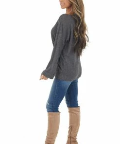 Jodifl Charcoal Grey Waffle Knit Notch Neck Top With Loose Sleeves Tops