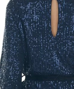 Dress Forum Navy Sequin Bubble Sleeve Velvet Belt Dress Dresses