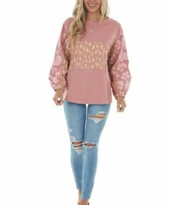 Easel Dusty Punch Multiprint Colorblock Knit Top