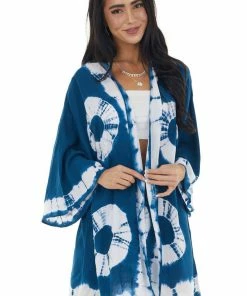 Kori America Sea Blue And Ivory Circle Tie Dye Woven Kimono
