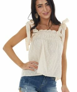 &merci Tops Desert Sand Swiss Dot Tank Top With Tie Straps