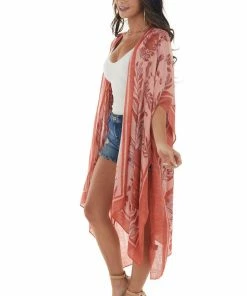 ANGIE Light Coral Leaf Print Open Front Kimono 24 ANGIE Light Coral Leaf Print Open Front Kimono