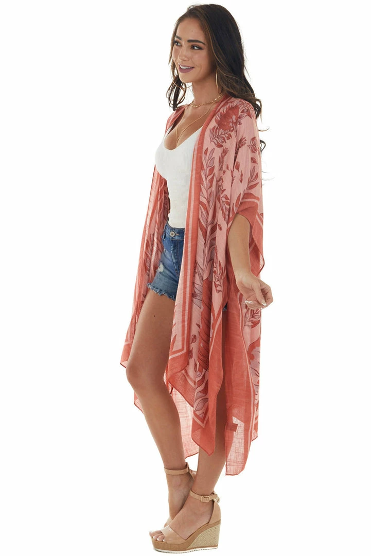 ANGIE Light Coral Leaf Print Open Front Kimono 12 ANGIE Light Coral Leaf Print Open Front Kimono