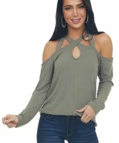 143 Story Olive Strappy Cold Shoulder Long Sleeve Top Tops