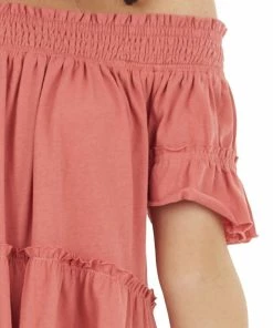 Easel Tops Coral Off Shoulder Tiered Tunic Top With Short Sleeves