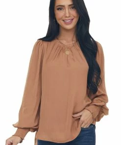 Peach Love Copper Silky Smocked Cuff Curved Hem Blouse Tops