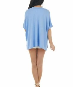 Caramela Tops Cornflower Blue Short Sleeve Oversized Soft Knit Top
