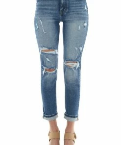 KanCan Medium Wash High Rise Distressed Mom Fit Jeans