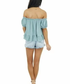 Ces Femme Tops Sage Boat Neckline Ribbed Knit Crop Top With Ruffles