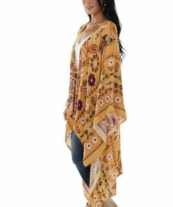 Easel Tops Mustard And Plum Colorful Floral Print Kimono