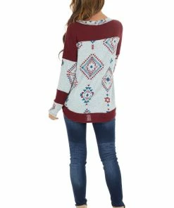 RAE MODE Burgundy Two Tone Aztec Print Knit Top With Raw Edge Details 30 RAE MODE Burgundy Two Tone Aztec Print Knit Top With Raw Edge Details