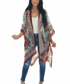 ANGIE Teal Floral Textured Velvet Chiffon Kimono Tops