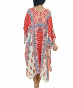 ANGIE Tops Scarlet And Cream Printed Side Slit Kimono