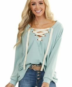 BiBi Seafoam Long Sleeve Top With Lace Up Deep V Neckline Tops 26 BiBi Seafoam Long Sleeve Top With Lace Up Deep V Neckline Tops