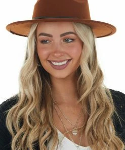 Fame Accessories Cinnamon Felt Wide Brim Hat With Double Band