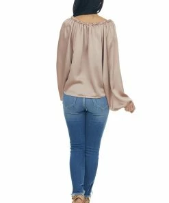 Peach Love Beige Notch Neck Front Tie Loose Satin Blouse