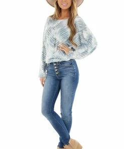 First Love Dusty Blue Tie Dye Long Dolman Sleeve Knit Top Tops