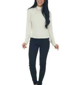 She + Sky Cream Ruched Brushed Ribbed Knit Fitted Top 27 She + Sky Cream Ruched Brushed Ribbed Knit Fitted Top