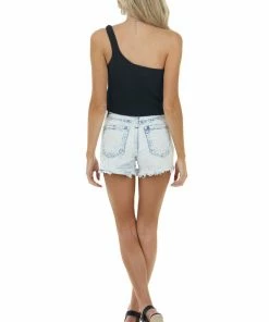 LE LIS Black Ribbed Knit Sleeveless One Shoulder Crop Top