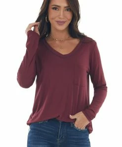143 Story Wine Exposed Stitch Chest Pocket Knit Top Tops