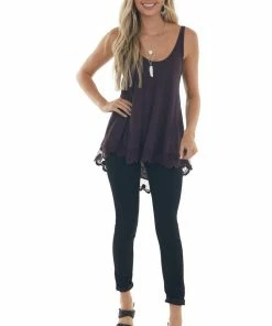 ANGIE Eggplant Knit Tank Top With Scalloped Lace Hemline Tops