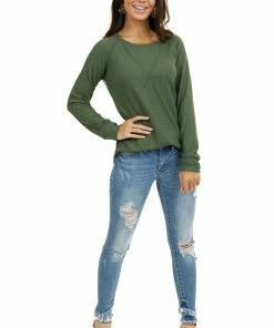 7th Ray Olive Green Waffle Knit Long Sleeve Top With V Stitch Tops