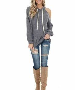 143 Story Heathered Charcoal Fleece Lined Hoodie With Cold Shoulder