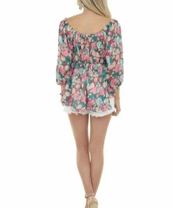 Umgee Juniper Floral Print Half Bubble Sleeve Blouse