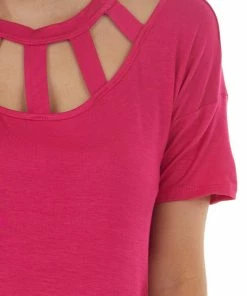 BiBi Tops Magenta Short Sleeve Knit Top With Caged Neckline