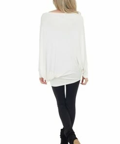 Cherish Cream Long Dolman Sleeve Knit Top With Asymmetrical Hemline