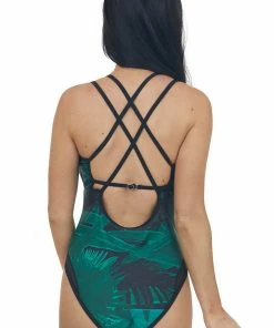 Davi & Dani Black Palm Print Plunging Neckline Strappy Swimsuit Accessories