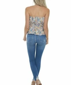 Entro Lavender Floral Print Ruffled Strapless Top Tops