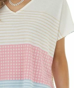 Lovely J Ivory Multicolor Striped Knit Top With Short Kimono Sleeves