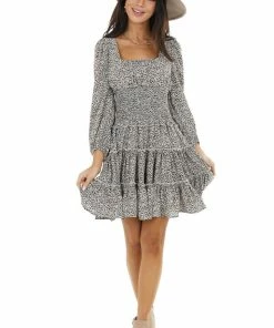 Bighit Fashion Black Floral Print Tiered Woven Dress With Smocked Waist