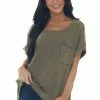 Umgee Tops Olive Mineral Washed Top With Chest Pocket 2 Umgee Tops Olive Mineral Washed Top With Chest Pocket