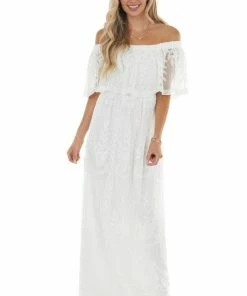 Dress Day Off White Off Shoulder Floral Lace Overlay Maxi Dress