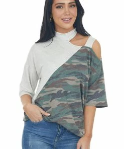 Vanilla Bay Tops Pewter Grey Cold Shoulder Top With Asymmetrical Camo Print