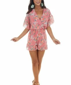 Peach Love Watermelon Floral Print Surplice Neck Romper