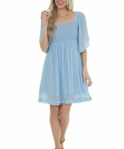 Umgee Powder Blue Babydoll Short Dress With Flutter Sleeves Dresses