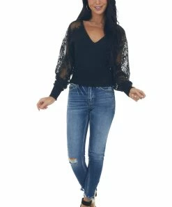 Peach Love Tops Black V Neck Lace Long Sleeve Knit Top