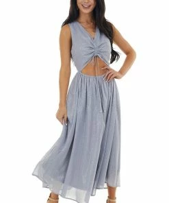Entro Dusty Blue Glitter Sleeveless Midi Woven Dress With Cut Out