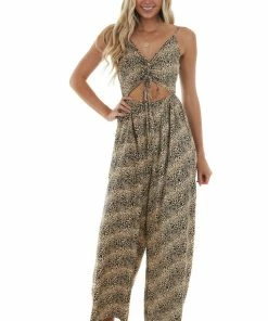 Entro Dresses Oatmeal Leopard Print Sleeveless Jumpsuit
