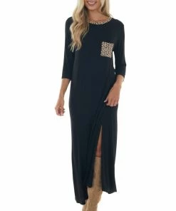 Now N Forever Black Maxi Dress With Leopard Contrast Details